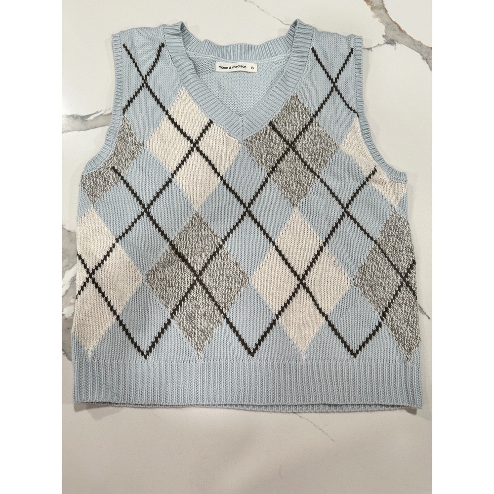 moon & madison Pastel Blue Argyle V-Neck Sweater Vest